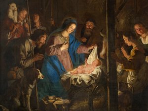 Sognekirke (Vår Frue av Himmelfartskirken). Interiør. maleri. Julescene. Simon DePaepe. Opprinnelse klosteret Ename (?).