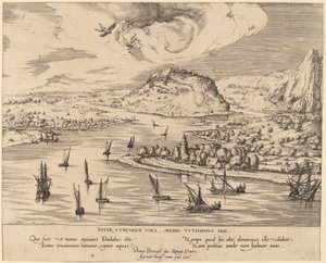 Elvelandskap med Ikaros fall av Simon Novellanus after Pieter Bruegel the Elder