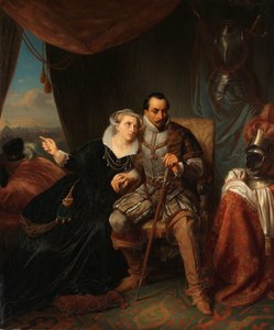 Magdalena Moons ber sin forlovede Francisco Valdez om å utsette stormingen av Leiden en annen natt, 1574 Scene fra åttiårskrigen av Simon Opzoomer