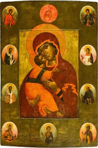 Jomfruen av Vladimir med utvalgte hellige av Ushakov, Simon (Pimen) Fyodorovich (1626-1686). Tempera på panel