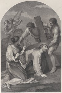 Kristus falt til bakken under vekten av korset, med to menn som hjalp til og ..., ca. 1729. av Simon Vallee