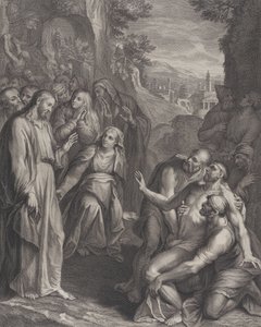 Oppreisningen av Lasarus, med Kristus stående til venstre, ca. 1729. av Simon Vallee