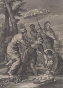 Tre kvinner trekker inn kurven med spedbarnet Moses fra vannet, ca. 1729. av Simon Vallee