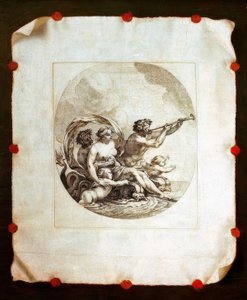 Trompe l’oeil med kobberstikk av Galatea av Simon Vouet
