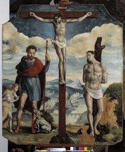 Korsfestelse med St. Roch og St. Sebastian (olje på tre) av Simon de Châlons