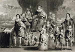 Hans Majestet James I og hans kongelige avkom sammen med familien til kongen av Böhmen, gravert av Charles Turner (1773-1857), 1814