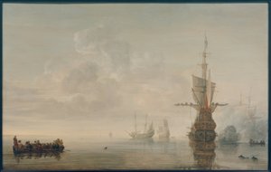 Flaggskipet «Aemilia» avfyrer en honnør for admiral Maerten Harpertsz. Tromp