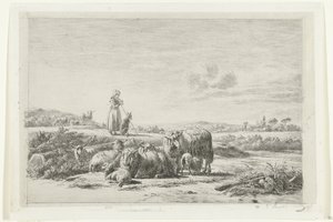 Landskap med en gjeterinne og hund med en saueflokk