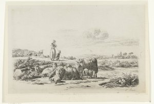 Landskap med en gjeterinne og hund med en saueflokk