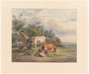 Landskap med storfe nær et tre