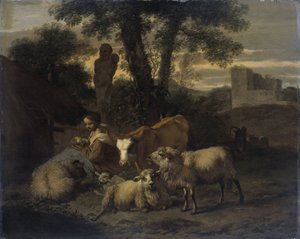 Italiensk landskap med gjeterinne og flokker av Simon van der Does