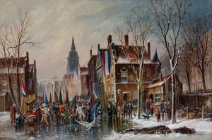 En karnevalsparade på en frossen kanal, ca. 1840–60 (olje på lerret) av Simon van der Ley