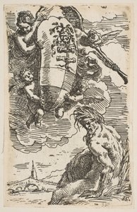 Allegori av Foglia-elven med byen Pesaros våpenskjold, frontispice for ..., ca. 1639. av Simone Cantarini