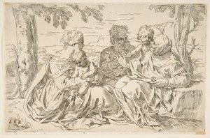 Hellig familie med Saint Elizabeth og Saint John the Baptist, ca. 1639. av Simone Cantarini