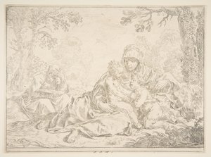 Hellig familie med døperen Johannes, ca. 1637-1640. av Simone Cantarini