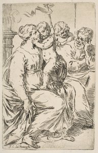 Hellig familie med døperen Johannes, ca. 1640-1642. av Simone Cantarini