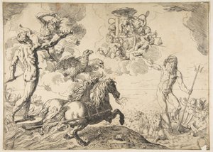 Jupiter, Neptun og Pluto ofret sine kroner til armene til kardinal Borghese, 1642-43. av Simone Cantarini