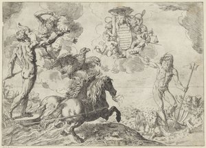 Jupiter, Neptun og Pluto tilbyr sin krone til kardinal Scipione Borgheses våpenskjold til avhandlingen Jupiter, Neptun et Pluto coronas suas offerunt armis (tittel på objekt)