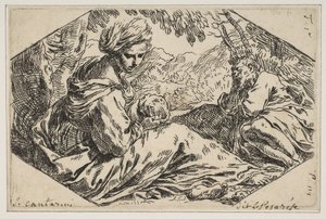 Hvil i Egypt, Maria holder og ser på spedbarnet Kristus mens St. Joseph s..., ca. 1637-1639. av Simone Cantarini