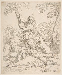 Hvil i Egypt, Maria ammer spedbarnet Kristus mens en engel drar i tregrener, ca. 1639. av Simone Cantarini