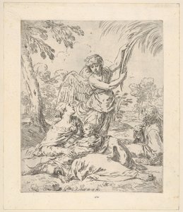 Hvil i Egypt, Maria som ammer spedbarnet Kristus mens en engel drar i en gren..., ca.1630-1648. av Simone Cantarini