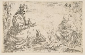 Hvil på flyturen til Egypt, Maria holder og ser på spedbarnet Kristus mens St...., ca. 1637. av Simone Cantarini