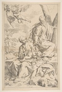 Hvil på flukten inn i Egypt, Maria holder spedbarnet Kristus mens St. Josef gir h..., ca. 1639. av Simone Cantarini