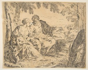 Hvil på flyturen til Egypt, Maria holder spedbarnet Kristus mens St. ..., ca. 1637-1639 eller senere. av Simone Cantarini
