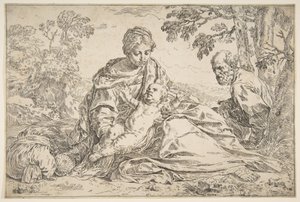Hvil på flyturen til Egypt, Maria holder spedbarnet Kristus med St. Joseph til høyre, ca. 1640. av Simone Cantarini