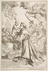 Den hellige Antonius av Padova tilber Kristusbarnet i herlighet av Simone Cantarini
