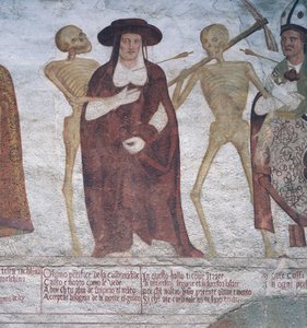 Kardinal og død, detalj fra Dødsdansen av Simone II Baschenis