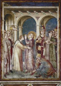 Freske av Saint Martins liv. Saint Martin er en ridder, detalj. The eveque Saint Martin de Tours og musikerne. Maleri av Simone Martini (1280-1344). Fresco av Simone Martini