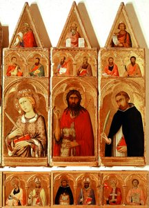 Saint Catherine of Alexandria, Saint John the Baptist, Saint Peter of Verona. Detalj av Saint Catherine of Alexandria Polyptych (tempera og gull på tre av Simone Martini