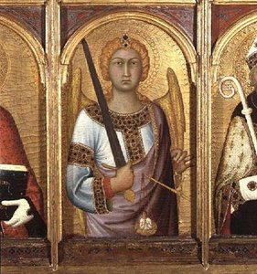 St. Michael, detalj fra altertavlen til SS Geminianus, Michael og Augustine, ca. 1319 (tempera med gull og sølv på panel) (detalj av 58835) av Simone Martini