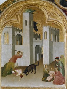 Mirakelet til barnet griper mellom hoggtennene til en ulv. En del av triptyken History of Hermit of St. Augustine (Tempera på tre av Simone Martini