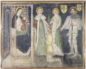 Madonna og barn med St. Catherine, St. Ursula, St. George og skytshelgen, Theodoric of Chur av Simone da Corbetta
