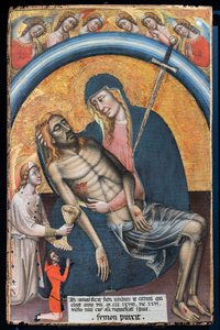 Klagesang over den døde Kristus med klienten, Iohannes de Elthinl, av Simone dei Crocifissi, ca. 1368. Jomfruen er representert som Vår Frue av sorger, med et sverd i hjertet.