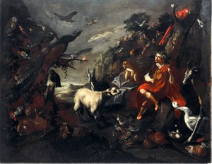 Orphee and the Animals Painting of the Entourage av Sinibaldo Scorza (1589-1631) Søn.101,5x129 cm Gener, nye gatemuseer av Sinibaldo Scorza