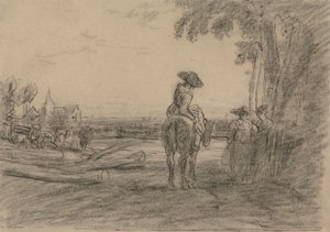 Kvinne på en hest med to stående kvinner med utsikt over et landskap