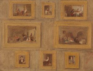 Eneste barnet; Jødens harpe; Den kuttede fingeren; Blindebukk; Leiedagen; The Scotch Piper; Prieu-Dieu; og selvportrett: en skisse av de åtte maleriene innrammet og hengende på en vegg