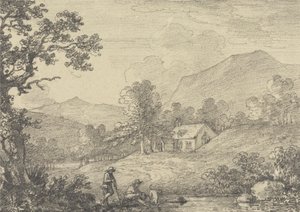To figurer ved siden av en dam og en kirke i et kupert landskap av Sir George Howland Beaumont seventh Baronet