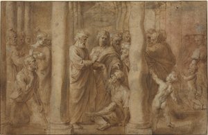 Mirakelet til den lamme mannen helbredet av Saint Peter og Saint John av Sir Peter Paul Rubens over Anonymous Italian after Parmigianino after Raphael