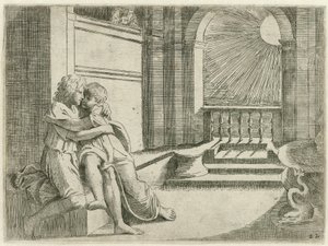 Abimelech ser Isaak Rebekka liefkozen Bijbelse scener (serietittel) Historia del Testamento Vecchio / Malt i Roma i Vatikanet av Raffaelle di Urbin (...) (serietittel)