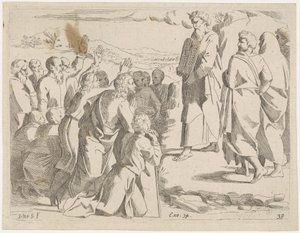 Moses viser lovens tabeller til folket Bibelske scener (serietittel) Historia del Testamento Vecchio / Dipinta in Roma nel Vaticano da Raffaelle di Urbino (...) (serietittel)