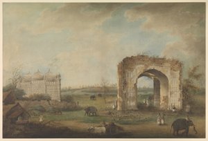 Utsikt over en moske og port ved Motijhil, ca. 1814–23 (ugjennomsiktig akvarell på papir) av Sita Ram (attr. to)