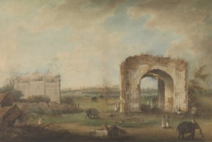 Utsikt over en moske og port ved Motijhil, ca. 1814-23. av Sita Ram.
