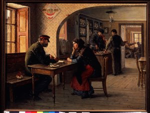 En begjæring (En begjæring). På en kafé snakker en kvinne med en soldat fra den røde hær som fyller ut et skjema for henne. Bak dem, den vanlige travelheten på en kafé. Maleri av Solomon Yakovlevich Kishinevsky (Kishinevsky) (1863-1941), olje av Solomon Yakovlevich Kishinevsky