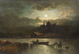 Fishing with Nets By Moonlight (olje på lerret) av Sophus Jacobsen