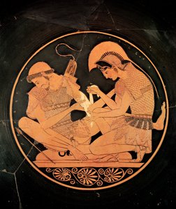 Interiør av en rød loftsfigur kylix som viser Achilles Tending the Wounded Patrocles, fra Vulci, ca. 500 f.Kr. (keramikk) av Sosias Painter