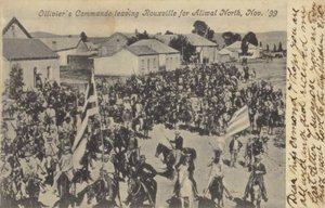 Postkort som viser Olliviers Commando som forlater Rouxville av South African Photographer